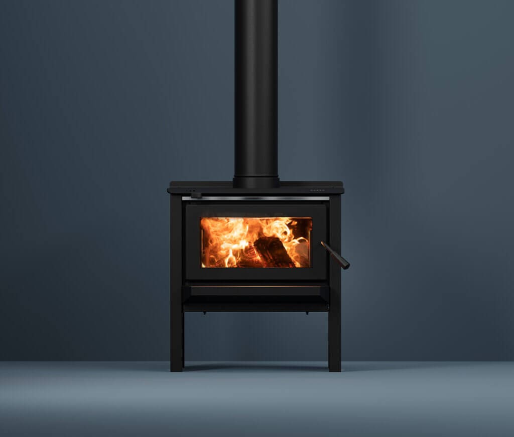 Maxen Henley 250 with Legs Base Wood Fireplace in navy coloured room