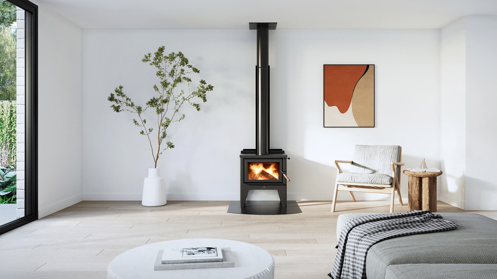 Maxen Kinmont 350 with Leg Base Wood Fireplace white living room