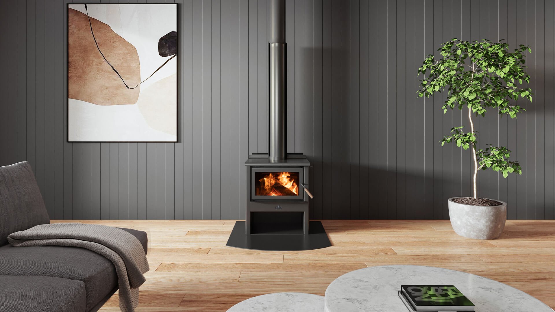 Maxen Kinmont 350 with Wood Stacker Base Wood Fireplace in living room