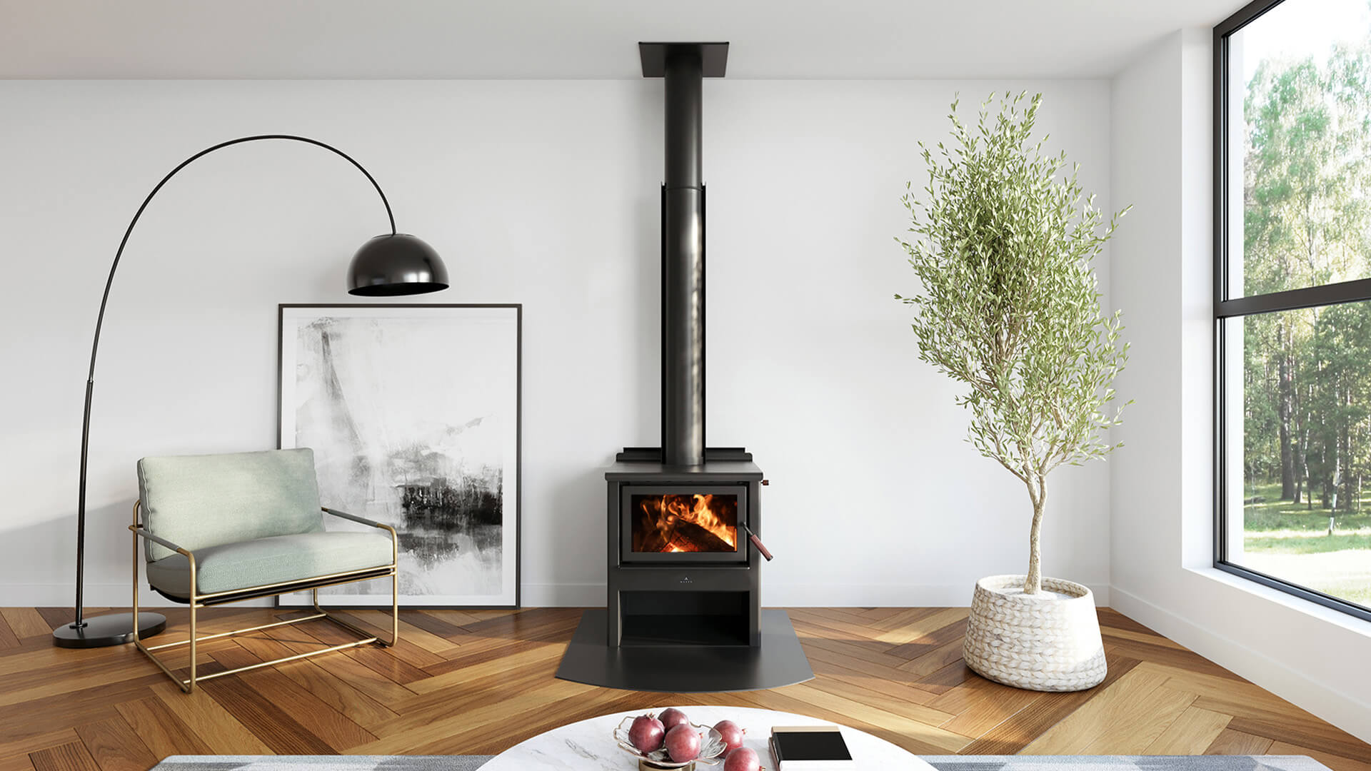 Maxen Kinmont 350 with Wood Stacker Base Wood Fireplace in white room