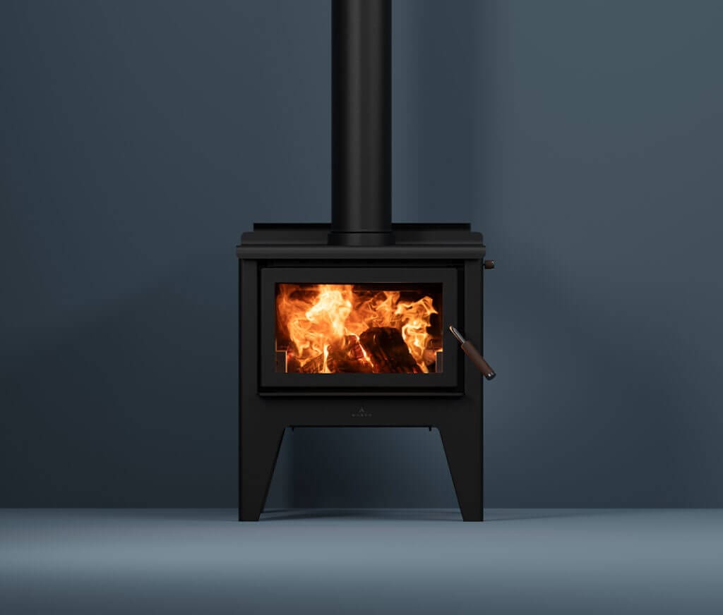 Maxen Kinmont 350 with Legs Base Wood Fireplace in navy coloured room