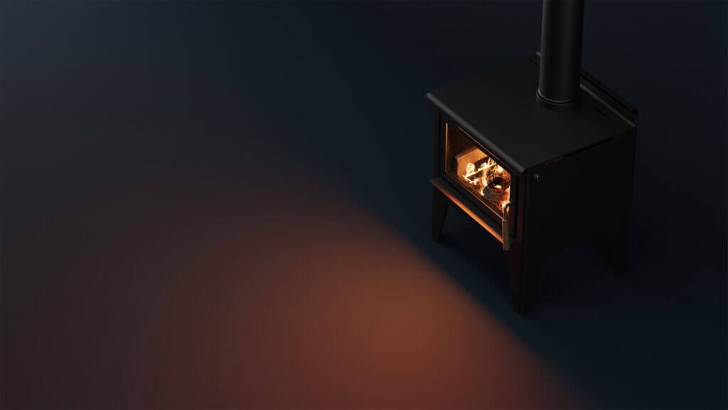 Maxen Kinmont 350 Wood Fireplace in dark room
