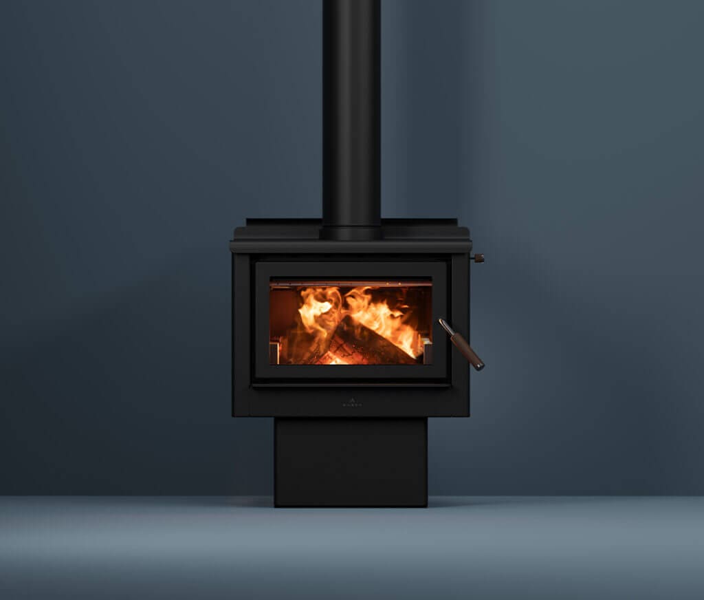 Maxen Kinmont 350 with Pedestal Base Wood Fireplace in navy coloured room