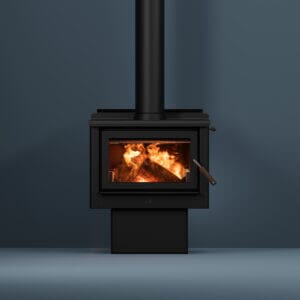 Maxen Kinmont 350 with Pedestal Base Wood Fireplace in navy coloured room