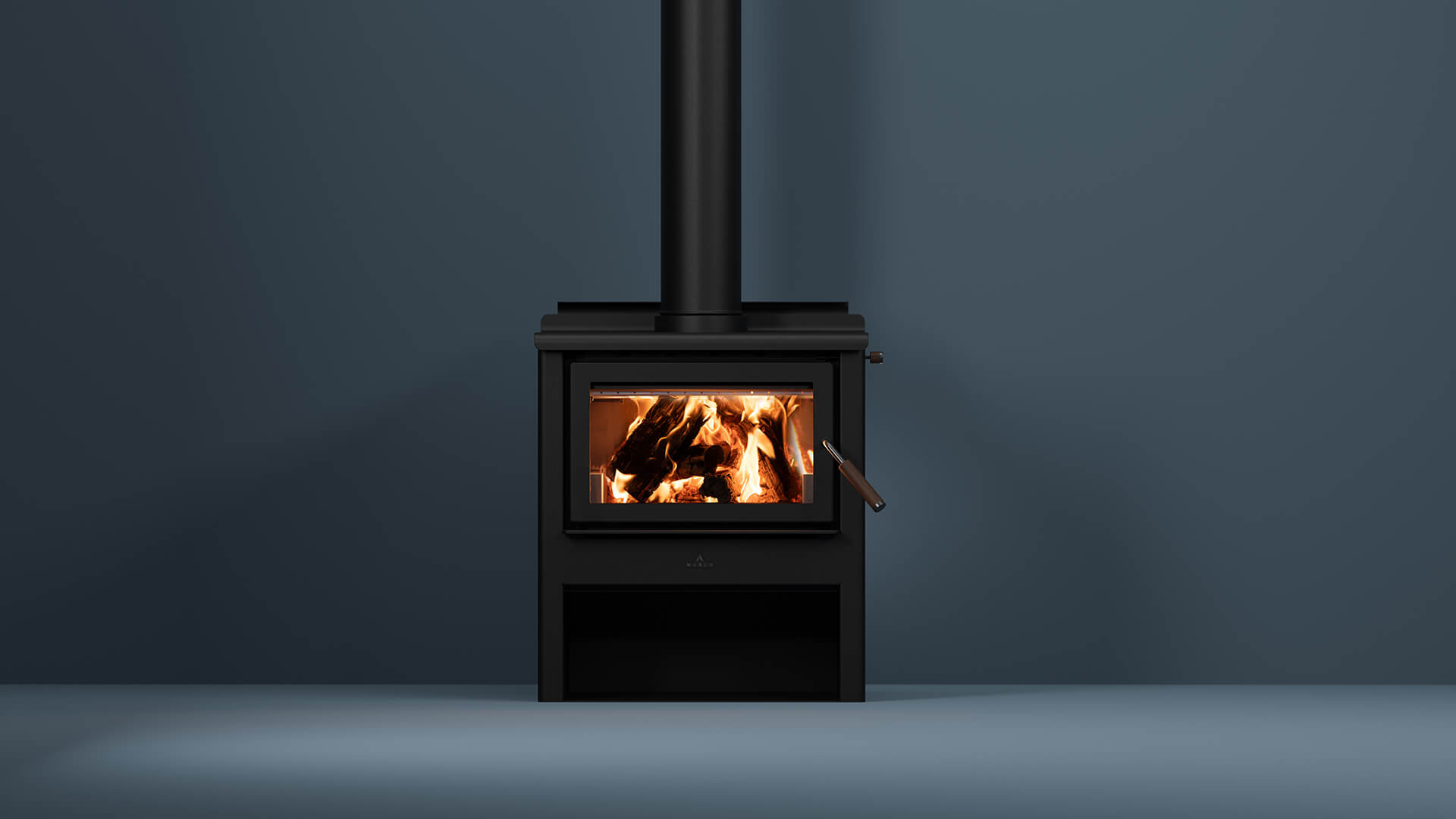 Maxen Kinmont 350 with Wood Stacker Base Wood Fireplace in navy coloured room