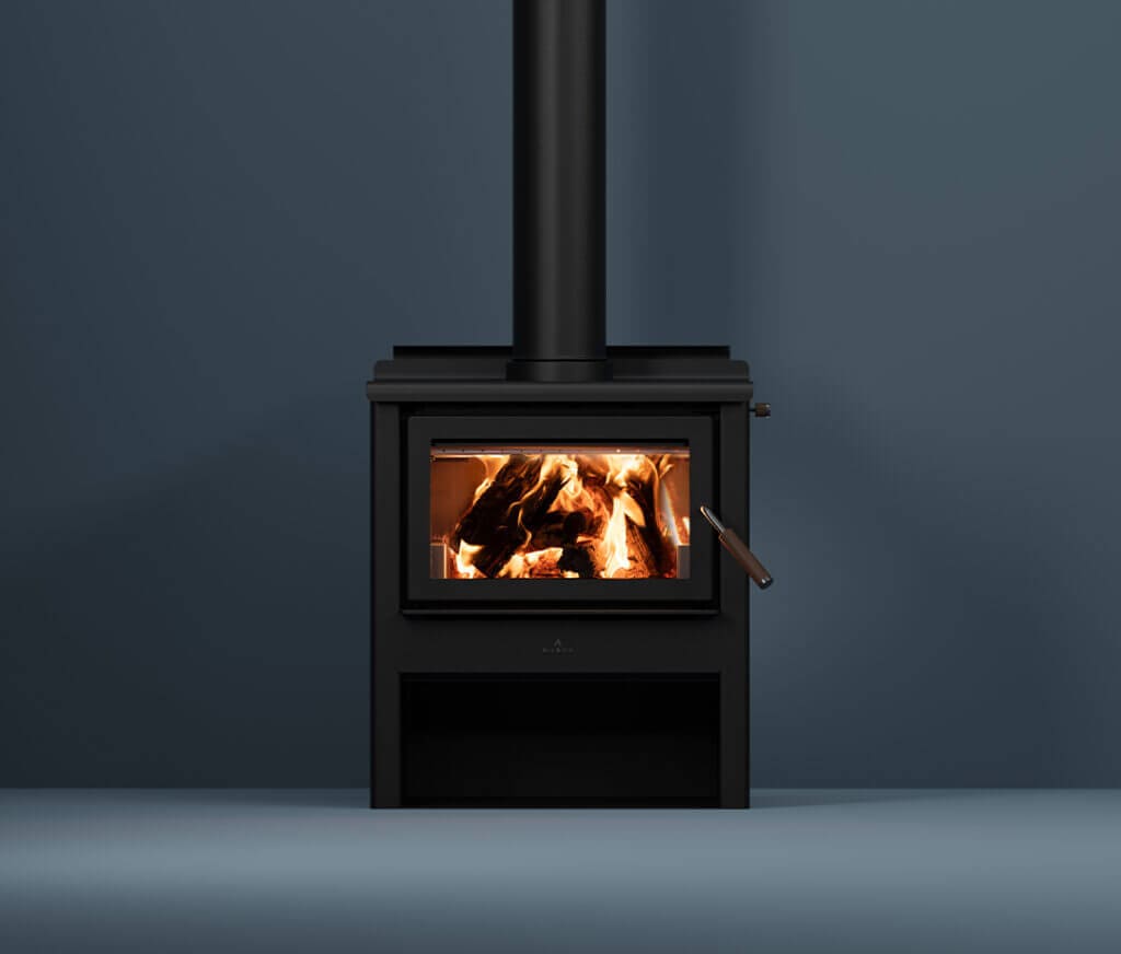 Maxen Kinmont 350 with Wood Stacker Base Wood Fireplace in navy coloured room