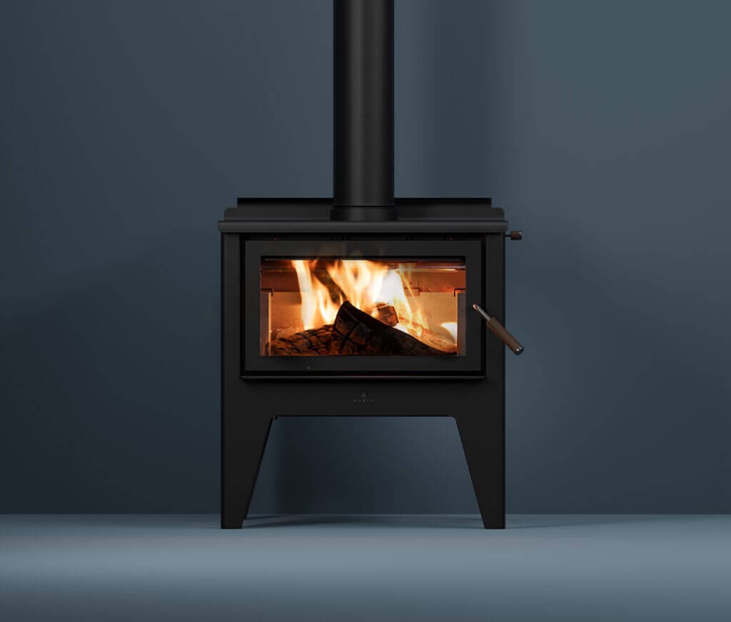 Maxen Kinmont 450 with Legs Base Wood Fireplace in navy coloured room