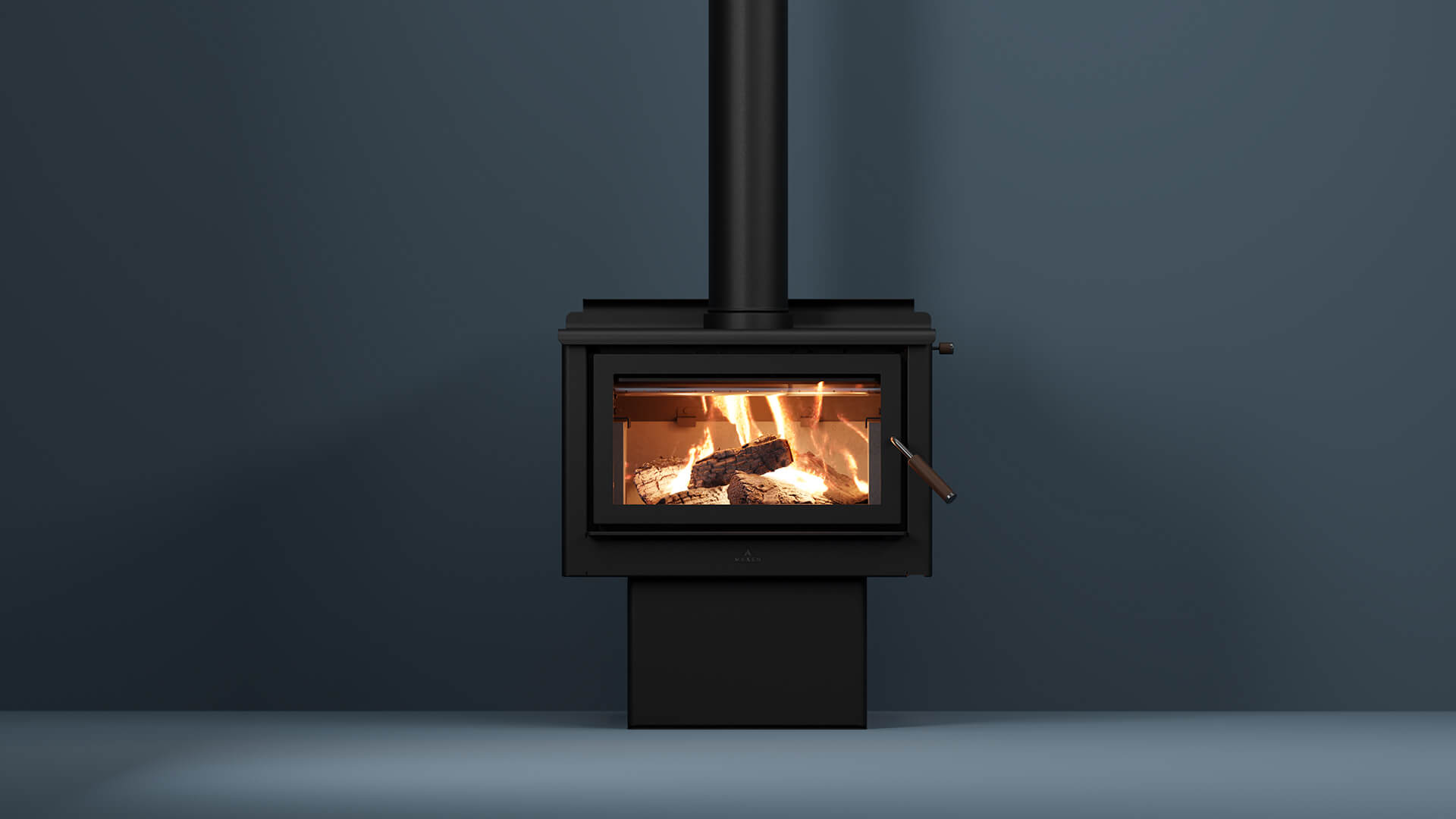 Maxen Kinmont 450 with Pedestal Base Wood Fireplace in navy coloured room