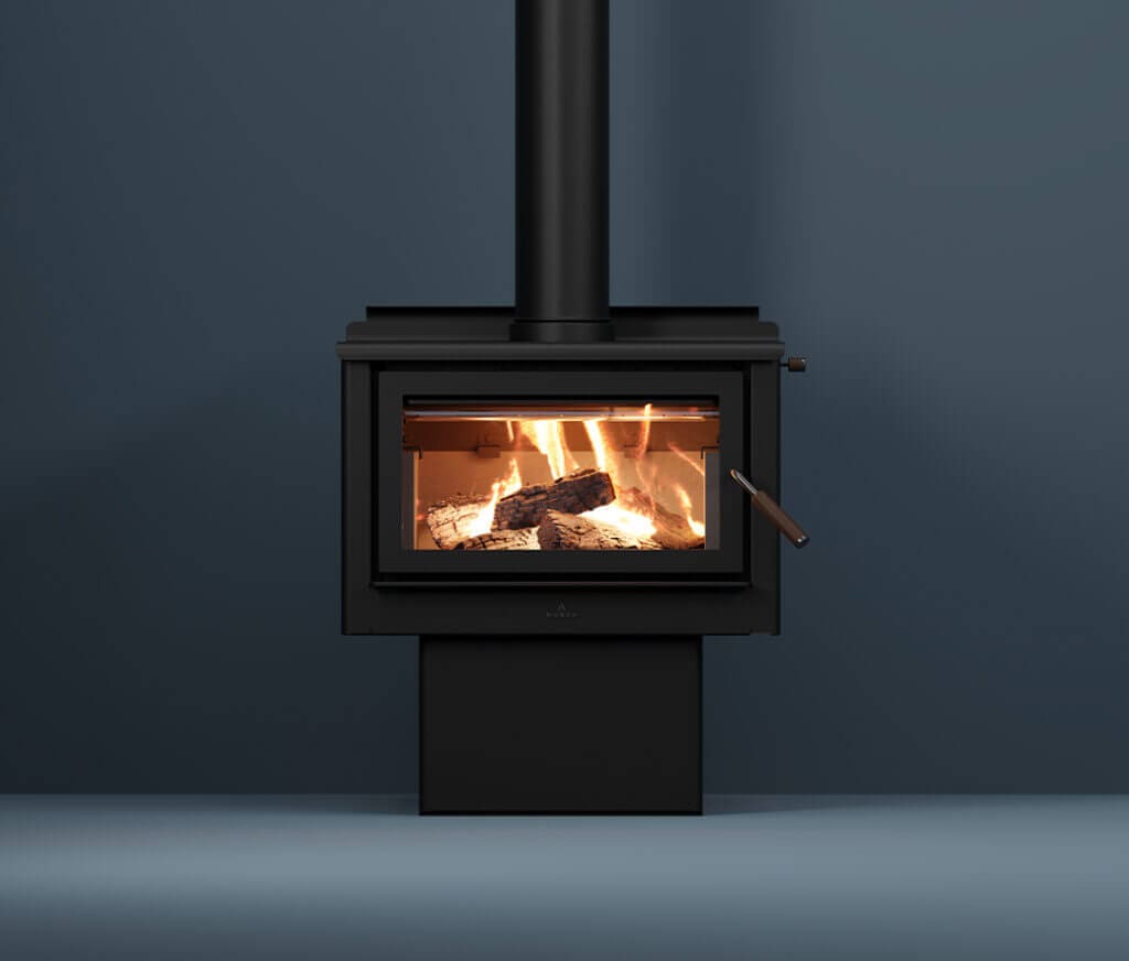 Maxen Kinmont 450 with Pedestal Base Wood Fireplace in navy coloured room