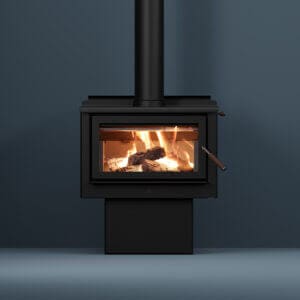Maxen Kinmont 450 with Pedestal Base Wood Fireplace in navy coloured room