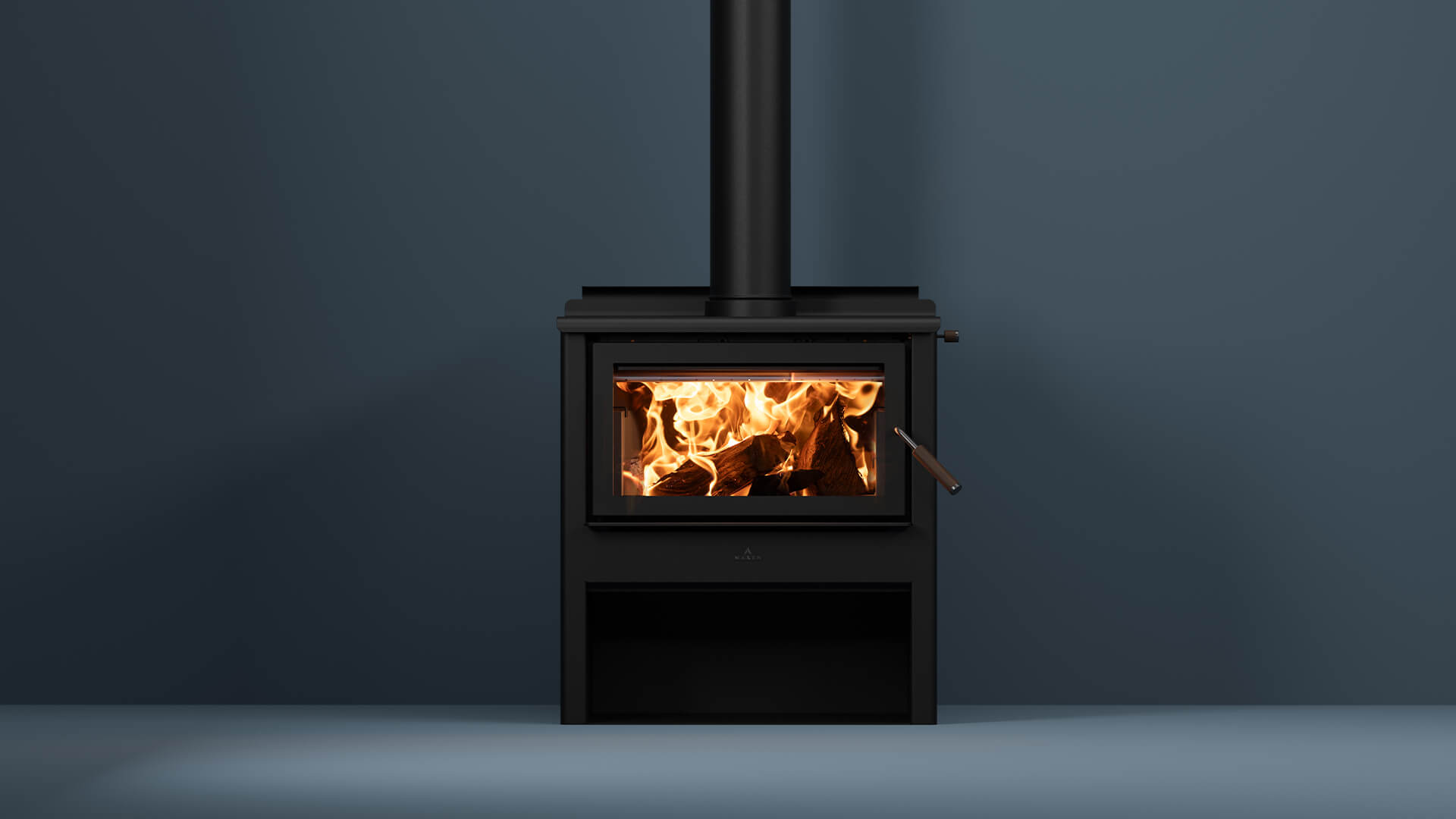 Maxen Kinmont 450 with Wood Stacker Base Wood Fireplace in navy coloured room